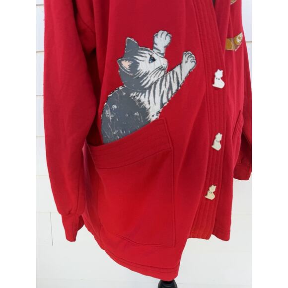 Vintage Linda Lori NY Women Large Cardigan Sweater Red Cat 80s 90s Cat Lady - Picture 5 of 7